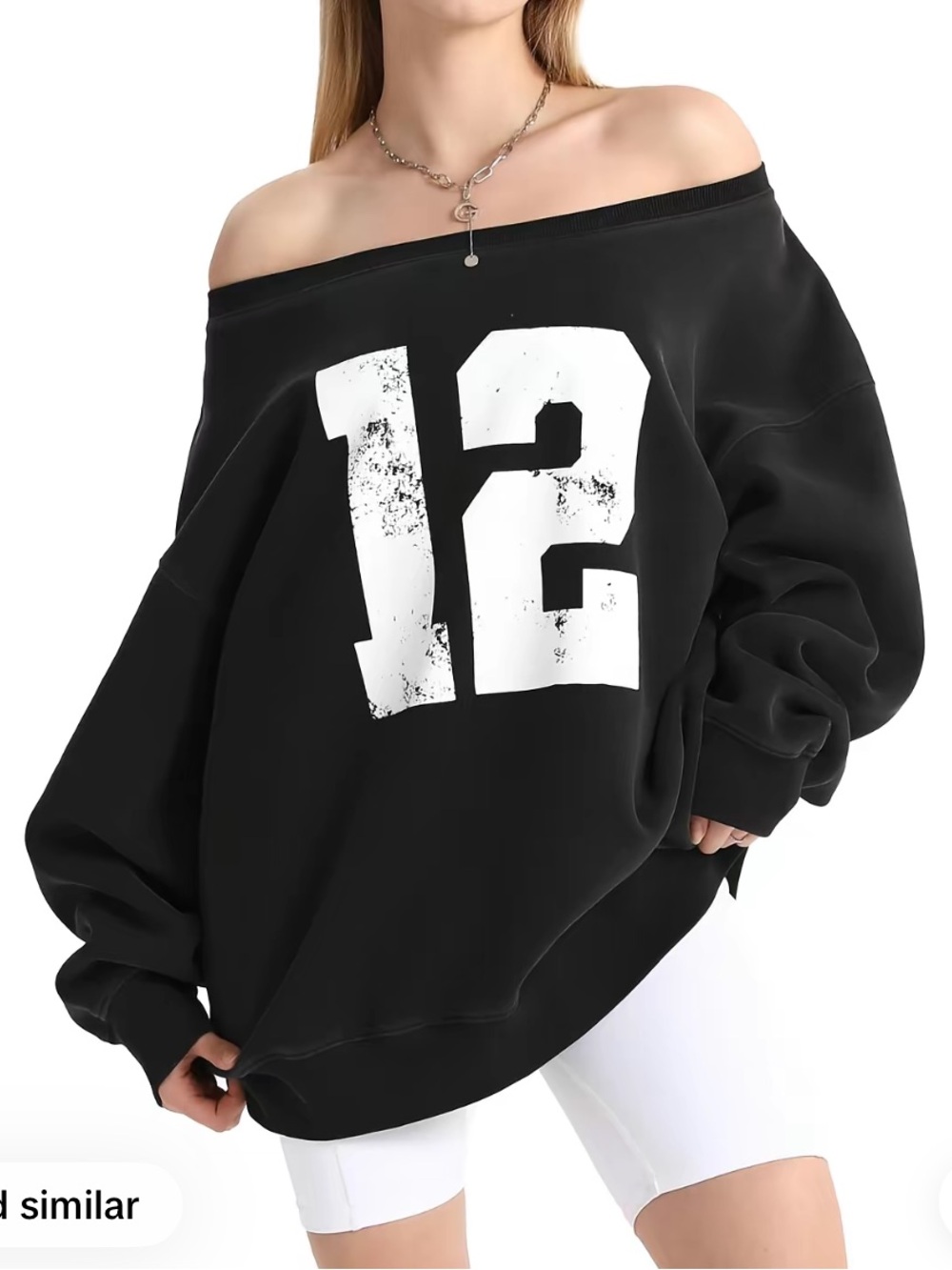 Black Off-Shoulder Pullover Sweatshirt with '12' Graphic